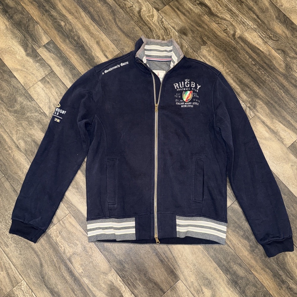 Vintage Italian Rugby Full-Zip Fleece Jacket Men's Size XL Navy Blue Football